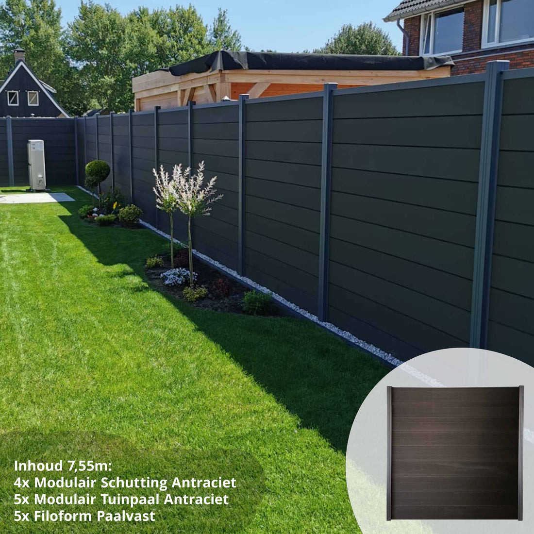 Compleet schuttingpakket Modulair Antraciet 7,55 m