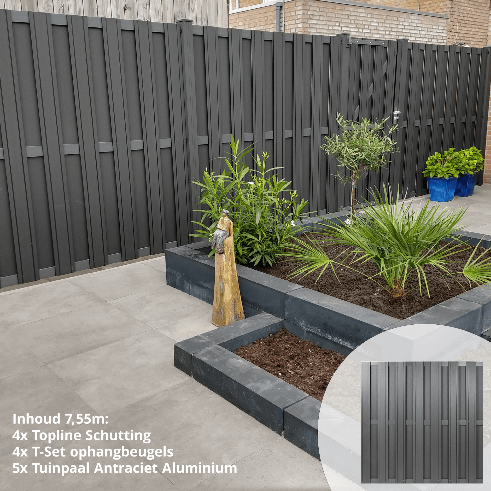 Topline schuttingpakket antraciet 7,55 meter – Design schuttingsysteem met robuuste uitstraling en duurzame afwerking