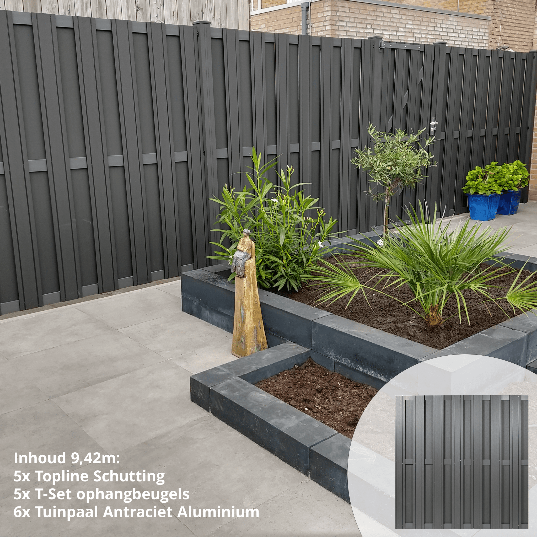 Topline schuttingpakket antraciet 9,42 meter – Premium set met aluminium frame-look en composiet schermen voor luxe tuinafscheiding