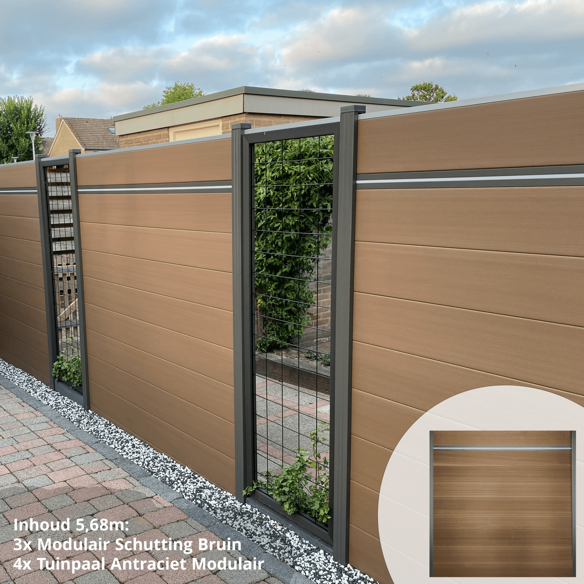 Modulair schuttingpakket bruin 5,68 meter – Complete set met WPC schermen, palen en bevestiging voor moderne tuinafscheiding