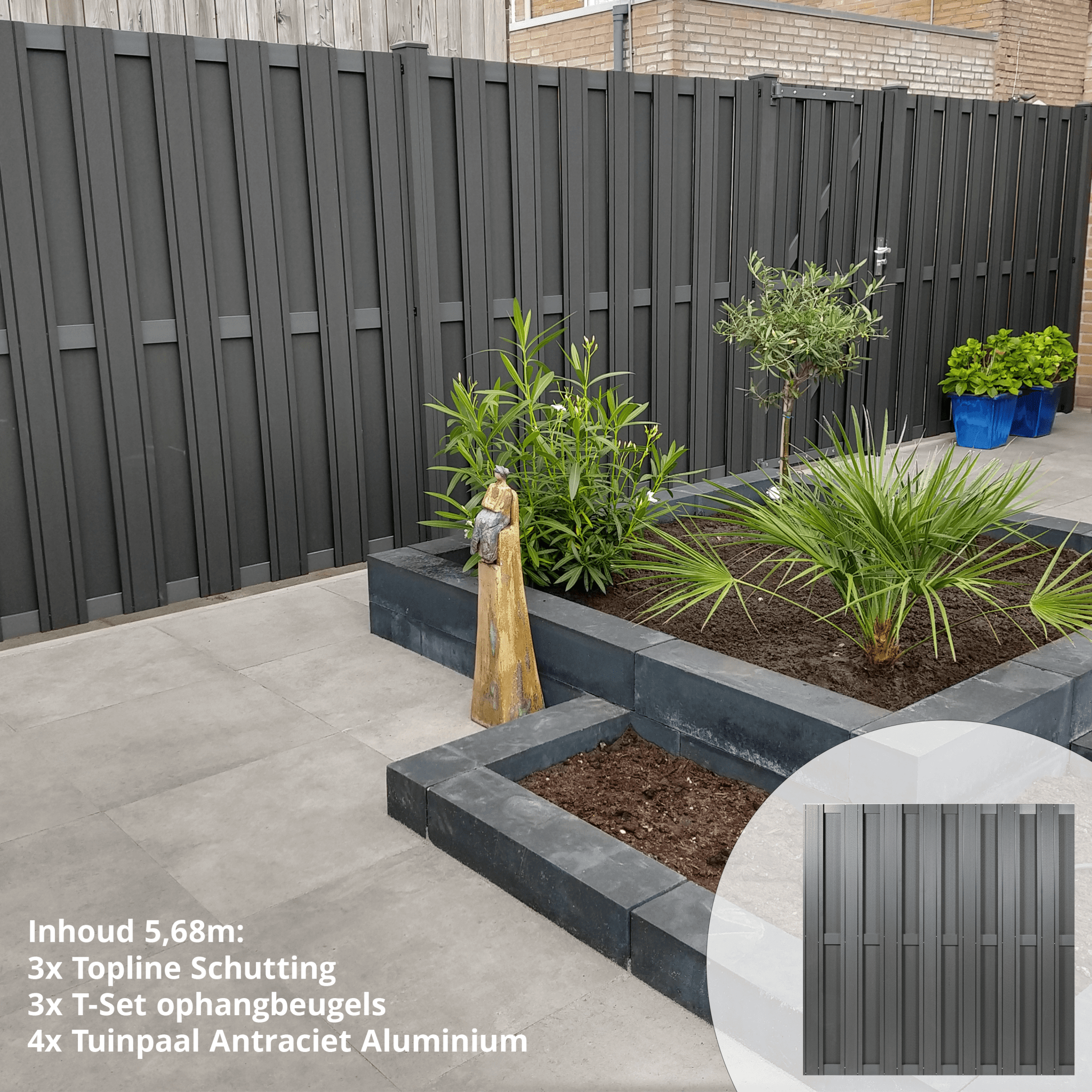 Topline schuttingpakket antraciet 5,68 meter – Complete set met composiet schermen en aluminium look voor luxe tuinafscheiding