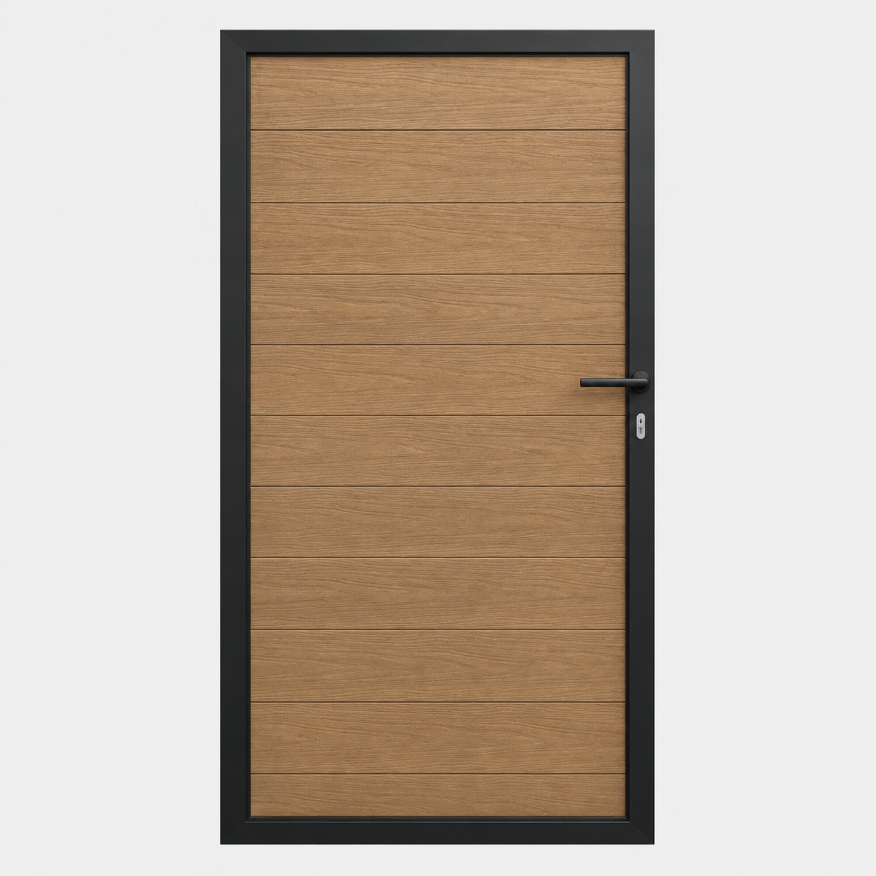Composiet tuindeur houtnerf eiken van 180 x 100 cm in zwart aluminium kader met deurkruk