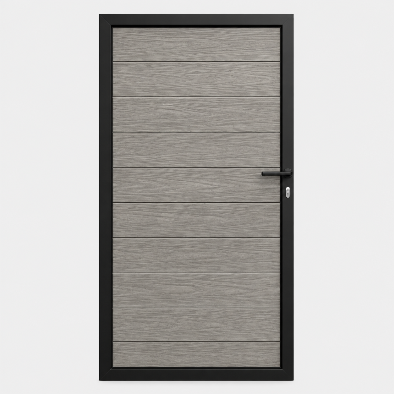 Composiet tuindeur houtnerf grijs eiken van 180 x 100 cm in zwart aluminium kader met deurkruk