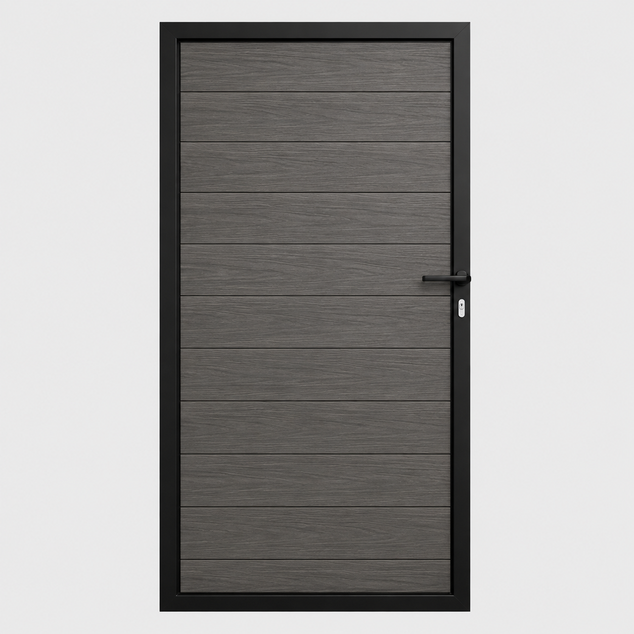 Composiet tuindeur houtnerf zwart eiken van 180 x 100 cm in zwart aluminium kader met deurkruk