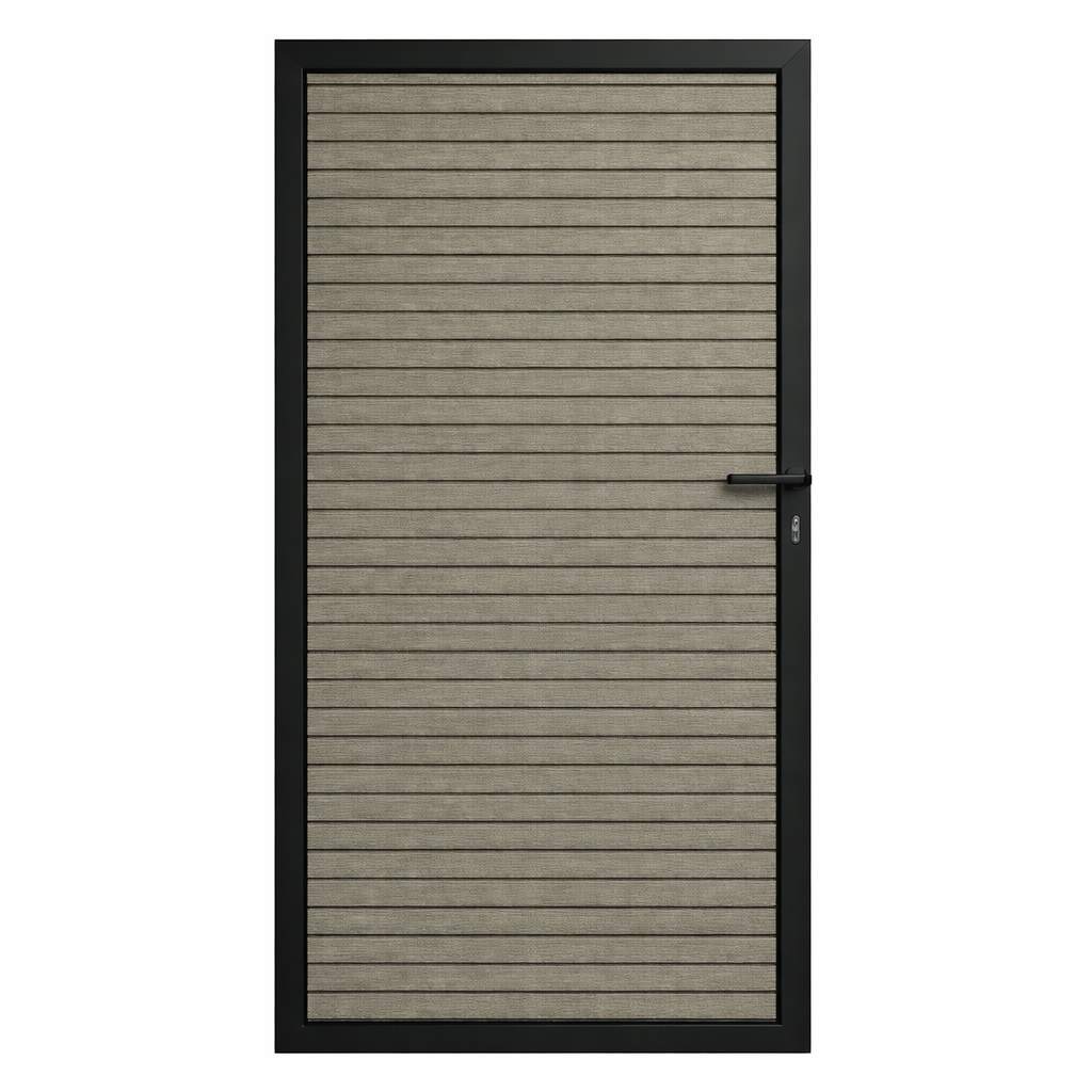 Grijs eiken composiet tuinpoort van 180 x 100 cm met rhombusprofiel en aluminium frame