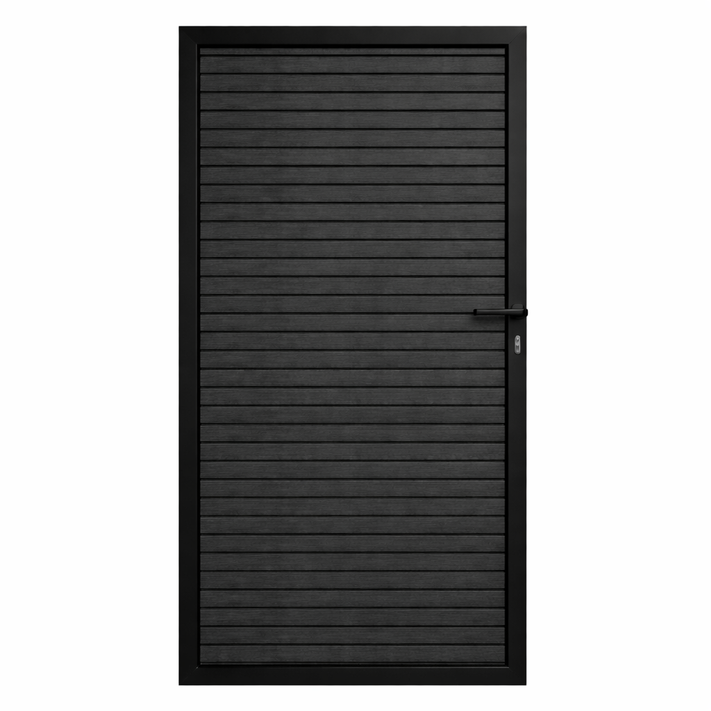 Zwart eiken composiet tuindeur van 180 x 100 cm met schuine rhombusplanken