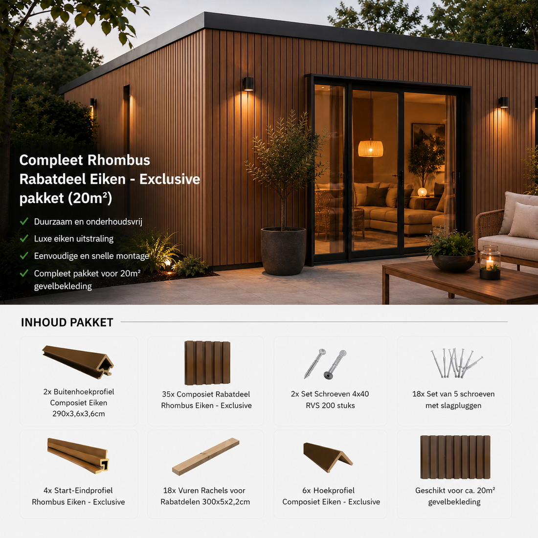 Compleet Rhombus Rabatdeel Eiken - Exclusive pakket (20m²)