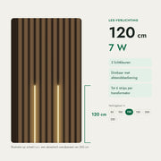 LED-verlichtingsstrip 120 cm, 7 W, illustratie op schaal ten opzichte van een akoestisch wandpaneel van 260 cm