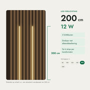 LED-verlichtingsstrip 200 cm, 12 W, illustratie op schaal ten opzichte van een akoestisch wandpaneel van 260 cm