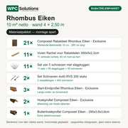 Inhoud Rhombus rabatdelenpakket Eiken 10 m²: 21 rabatdelen, 11 rachels, 11 slagplugsets, 2 dozen schroeven en 6 afwerkprofielen