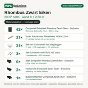 Inhoud Rhombus rabatdelenpakket Zwart Eiken 20 m²: 42 rabatdelen, 21 rachels, 21 slagplugsets, 3 dozen schroeven en 9 afwerkprofielen