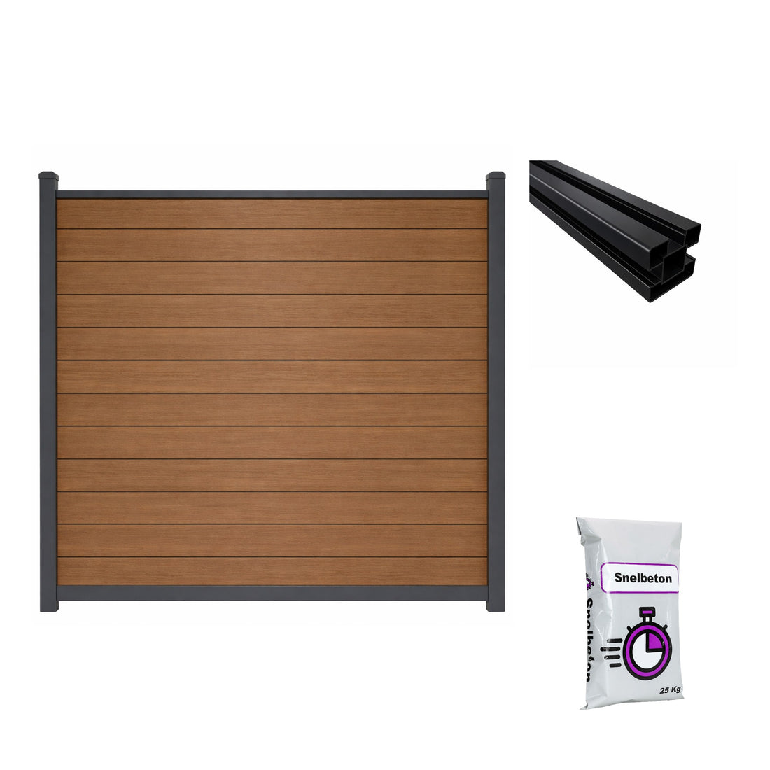 Composiet schutting Exclusive Houtnerf Eiken met tuinpaal en snelbeton – all-in schuttingpakket circa 9,42 m