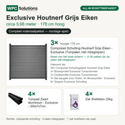 Inhoud all-in schuttingpakket Exclusive Houtnerf Grijs Eiken circa 5,68 m, 178 cm hoog: 3 schermen, 4 tuinpalen en 4 zakken snelbeton