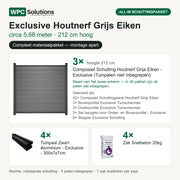 Inhoud all-in schuttingpakket Exclusive Houtnerf Grijs Eiken circa 5,68 m, 212 cm hoog: 3 schermen, 4 tuinpalen en 4 zakken snelbeton