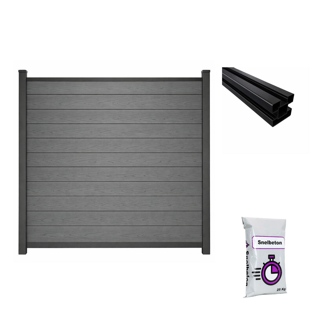 Composiet schutting Exclusive Houtnerf Grijs Eiken met tuinpaal en snelbeton – all-in schuttingpakket circa 5,68 m
