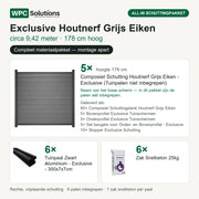 Inhoud all-in schuttingpakket Exclusive Houtnerf Grijs Eiken circa 9,42 m, 178 cm hoog: 5 schermen, 6 tuinpalen en 6 zakken snelbeton
