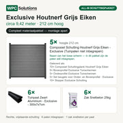 Inhoud all-in schuttingpakket Exclusive Houtnerf Grijs Eiken circa 9,42 m, 212 cm hoog: 5 schermen, 6 tuinpalen en 6 zakken snelbeton
