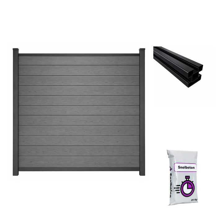 Composiet schutting Exclusive Houtnerf Grijs Eiken met tuinpaal en snelbeton – all-in schuttingpakket circa 9,42 m