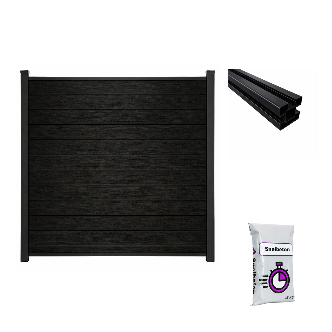 Composiet schutting Exclusive Houtnerf Zwart Eiken met tuinpaal en snelbeton – all-in schuttingpakket circa 7,55 m