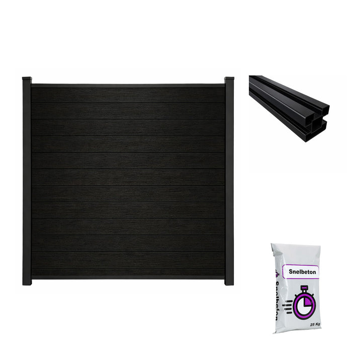 Composiet schutting Exclusive Houtnerf Zwart Eiken met tuinpaal en snelbeton – all-in schuttingpakket circa 7,55 m
