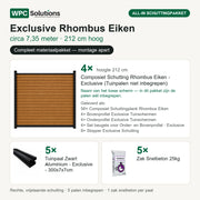 Inhoud all-in schuttingpakket Exclusive Rhombus Eiken circa 7,35 m, 212 cm hoog: 4 schermen, 5 tuinpalen en 5 zakken snelbeton