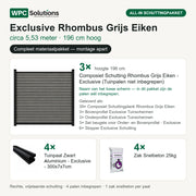 Inhoud all-in schuttingpakket Exclusive Rhombus Grijs Eiken circa 5,53 m, 196 cm hoog: 3 schermen, 4 tuinpalen en 4 zakken snelbeton