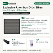 Inhoud all-in schuttingpakket Exclusive Rhombus Grijs Eiken circa 5,53 m, 212 cm hoog: 3 schermen, 4 tuinpalen en 4 zakken snelbeton