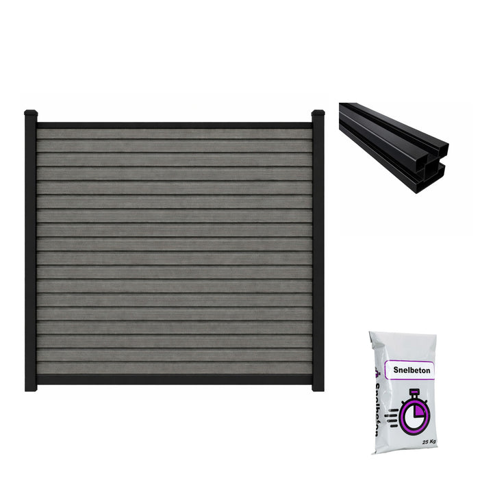 Composiet schutting Exclusive Rhombus Grijs Eiken met tuinpaal en snelbeton – all-in schuttingpakket circa 5,53 m