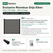 Inhoud all-in schuttingpakket Exclusive Rhombus Grijs Eiken circa 7,35 m, 196 cm hoog: 4 schermen, 5 tuinpalen en 5 zakken snelbeton
