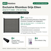 Inhoud all-in schuttingpakket Exclusive Rhombus Grijs Eiken circa 9,17 m, 212 cm hoog: 5 schermen, 6 tuinpalen en 6 zakken snelbeton