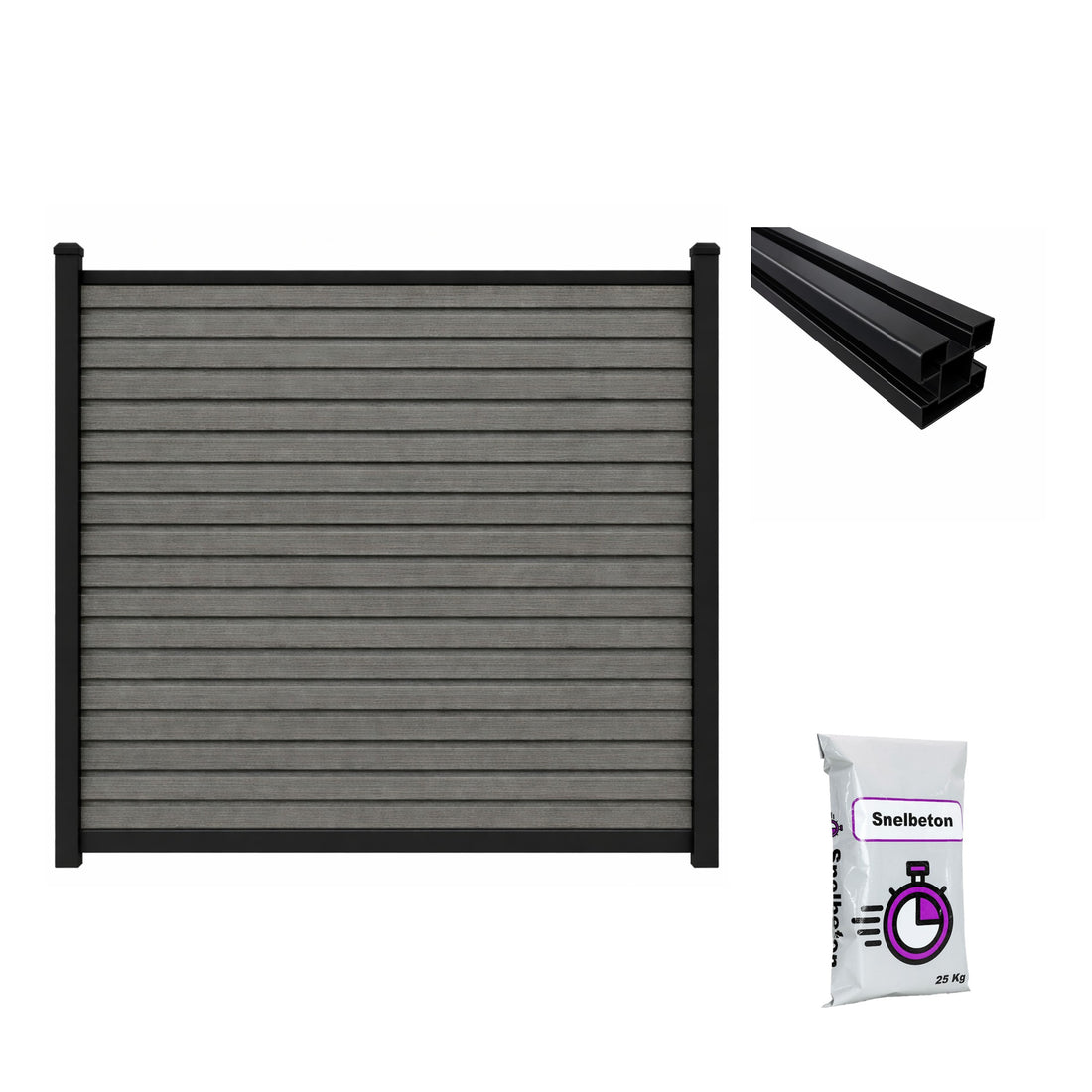 Composiet schutting Exclusive Rhombus Grijs Eiken met tuinpaal en snelbeton – all-in schuttingpakket circa 9,17 m