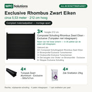 Inhoud all-in schuttingpakket Exclusive Rhombus Zwart Eiken circa 5,53 m, 212 cm hoog: 3 schermen, 4 tuinpalen en 4 zakken snelbeton