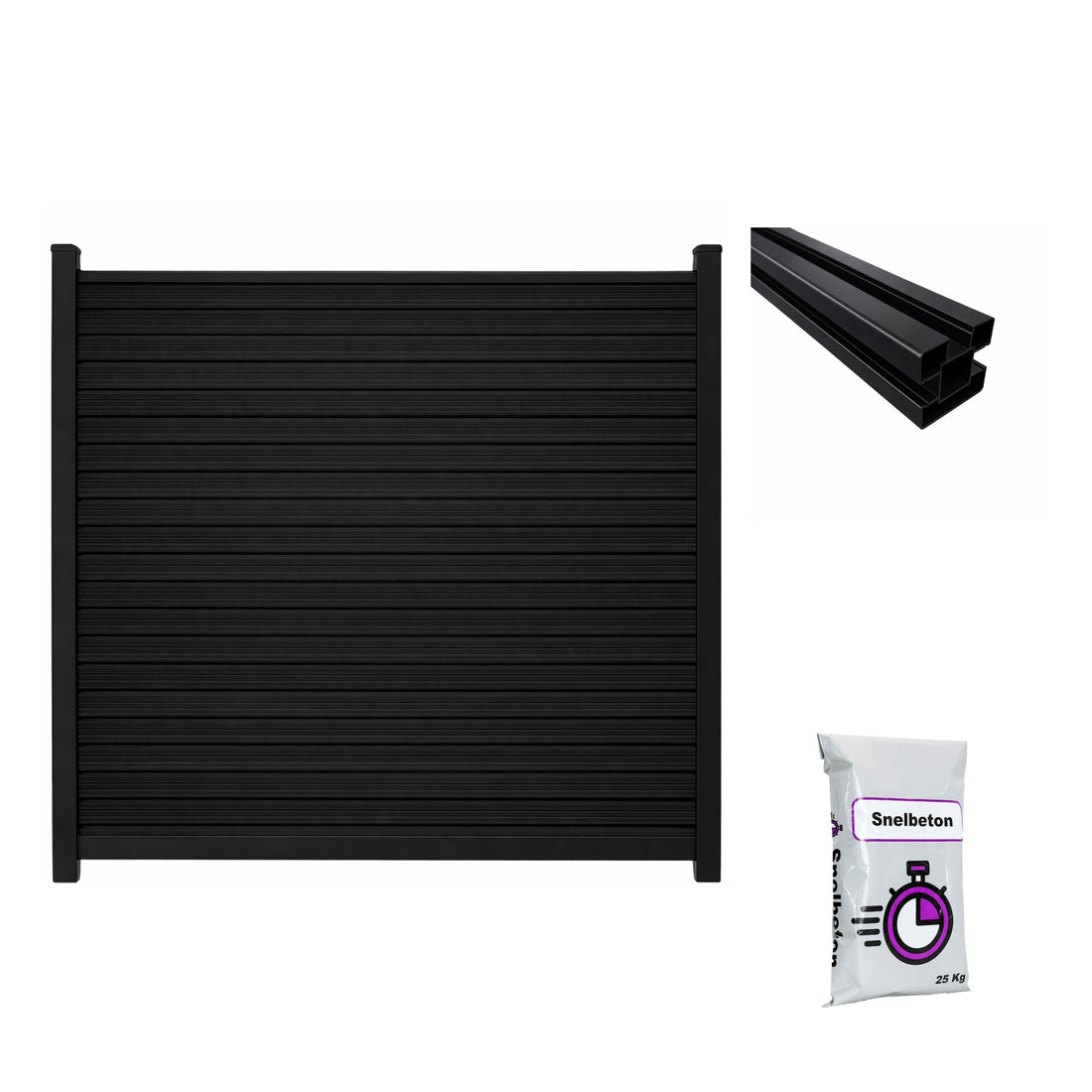 Composiet schutting Exclusive Rhombus Zwart Eiken met tuinpaal en snelbeton – all-in schuttingpakket circa 5,53 m