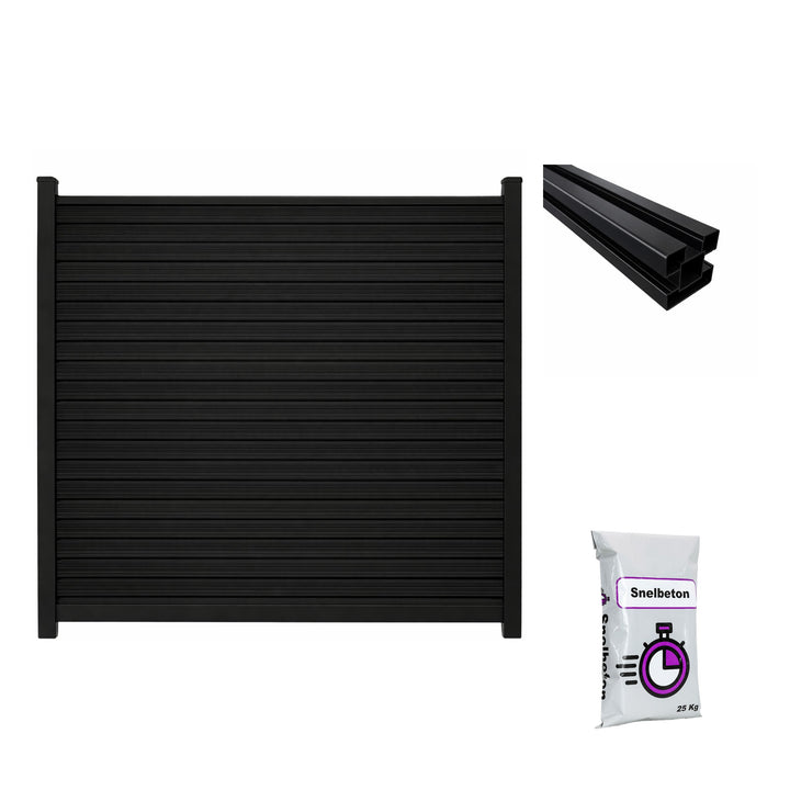Composiet schutting Exclusive Rhombus Zwart Eiken met tuinpaal en snelbeton – all-in schuttingpakket circa 7,35 m