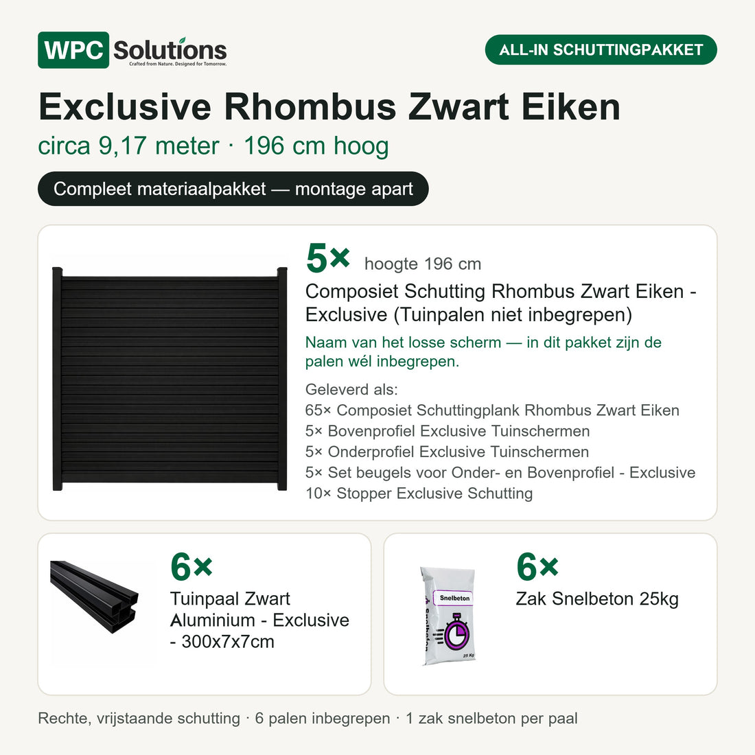 Inhoud all-in schuttingpakket Exclusive Rhombus Zwart Eiken circa 9,17 m, 196 cm hoog: 5 schermen, 6 tuinpalen en 6 zakken snelbeton