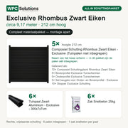 Inhoud all-in schuttingpakket Exclusive Rhombus Zwart Eiken circa 9,17 m, 212 cm hoog: 5 schermen, 6 tuinpalen en 6 zakken snelbeton