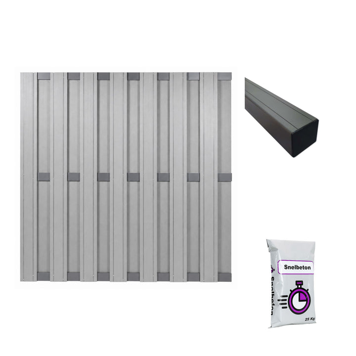 Composiet schutting Topline Grijs met tuinpaal en snelbeton – all-in schuttingpakket circa 9,42 m